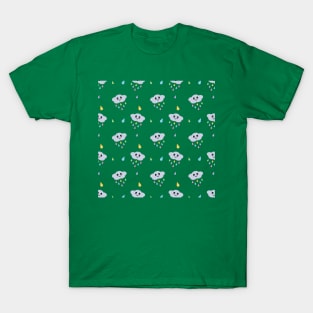 Kawaii Cute Raining Rainbow Clouds Pattern in Green T-Shirt